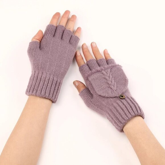 NEW Fingers Free Wool Gloves Women Knitted Flip Fingerless Exposed Finger - Picture 5 of 9